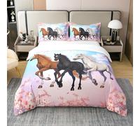 Homewish Coton Running Horse 220x240 Housse de Confort Rose Cheerry Blossom Housse de Couette Animaux de La Ferme Sauvages Ensemble de Literie Printemps Nature Country Couvre Lit Adulte Doux Chaud