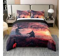 Homewish Coton Samouraï Japonais Housse de Couette 220x240,Sakura Arbre Japonais Parure de Lit,Coucher de Soleil Sakura Literie Set,Pétales Orange Rose Couvre Lit