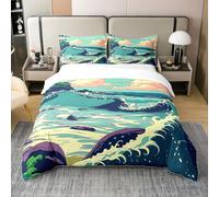 Homewish Coton Vagues Housse de Couette 140x200,Océan Style Japonais Ukiyoe Style Arbre Parure de Lit,Océan Forêt Ciel Nuage Literie Set,Paysage Bleu Vert Doux Couvre Lit