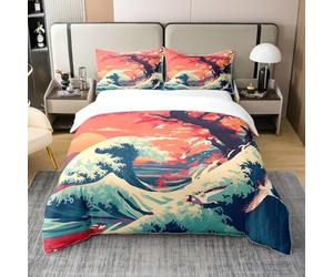 Homewish Coton Vagues Housse de Couette 240 x 260,Cherry Tree Style Ukiyoe Japonais Parure de Lit,Cherry Blossom Mountain Fuji Coucher de Soleil Océan Literie Set,Orange Fleurs Bleues Couvre Lit