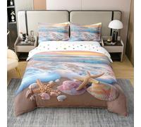 Homewish Cotton Housse de Couette Plage de L'Océan Parure de Lit 220x240 Vague de Mer Coquille D'Étoile de Mer Rose Couvre Lit Lever du Soleil Paysage Tropical Literie Set Paysage Côtier Rose Blanc