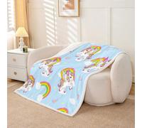 Homewish Couverture 100x130cm Enfant Licornes Bleues Plaid Canape Arc-en-Ciel Mignon Couverture Polaire Imprimé Étoiles Dessin Animé Amour Jetés de Lit Animaux Kawaii