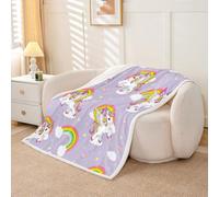 Homewish Couverture 100x130cm Enfant Licornes Plaid Canape Arc-en-Ciel Mignon Couverture Polaire Imprimé Étoiles Dessin Animé Amour Jetés de Lit Animal Kawaii Violet