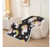 Homewish Couverture 100x130cm Enfant Licornes Plaid Canape Arc-en-Ciel Mignon Couverture Polaire Imprimé Étoiles Dessin Animé Amour Jetés de Lit Animal Kawaii Noir