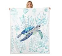 Homewish Couverture 100x130cm Enfant Tortue de Mer Plaid Canape Côtier Plage Océan Bleu Sarcelle Couverture Polaire Étoile de Mer Pieuvre Îles Jetés de Lit Créature sous-Marine Corail