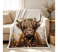 Homewish Couverture 130x150cm Enfant Bétail de Highland, Plaid Canape Vache de Highland, Couverture Polaire Animaux de Ferme Rustique, Jetés de Lit Taureau Longhorn Floral