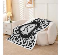 Homewish Couverture 229x229cm Enfant Guépard Initial Safari Plaid Canape Lettre Circulaire Élégante R Couverture Polaire Léopard Noir Argenté Personnalisé Jetés de Lit Guépard de Luxe