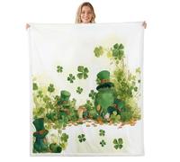 Homewish Couverture 229x229cm Enfant Saint-Patrick Plaid Canape Quatre Feuilles Couverture Polaire Chat Haut-de-Forme Vert Aquarelle Jetés de Lit Pièces d'or Bocal Trésor Imprimé