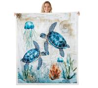 Homewish Couverture 229x229cm Enfant Tortue de Mer Plaid Canape Côtier Plage Océan Bleu Sarcelle Couverture Polaire Créature sous-Marine Corail Jetés de Lit Étoile de Mer Pieuvre