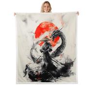 Homewish Couverture Polaire 100x130cm Japonais Samuraï | Polaire Canapé Lit Noir Dragon Guerrier Jetés de Lit Doux Rouge Soleil Style Japonais pour Chambre Voyage
