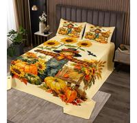 Homewish Couvre-Lit 170x230 Épouvantail Automne | Dessus de Lit Récolte Potiron Couverture de Lit Halloween Dessin Animé Chauve-Souris - 1 Taie d'oreiller 51x75