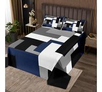 Homewish Couvre-Lit 170x230 Géométrique Bleue, Dessus de Lit Gris Noir Rayé Blanc, Couverture de Lit Art Abstrait Moderne, Jetés de Lit Rectangle À Râches de Géométrie avec 1 Taie d'oreiller 51x75cm