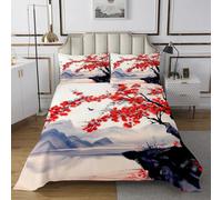 Homewish Couvre-Lit 240x220 Fleurs de Cerisier Japonais Dessus de Lit Fleurs Rouges Couverture de Lit,Fleurs Vintage Couette Plante de Montagne de Printemps avec 2 Taies d'oreiller
