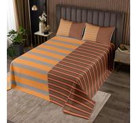 Homewish Couvre-Lit 240x220 Lignes Vintage | Dessus de Lit Brun Orange Œuvre D'Art Couverture de Lit Couleur Bloc Rayures Horizontales - 2 Taies d'oreiller 51x75