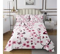 Homewish Couvre-Lit 240x220 Sakura Dessus de Lit Printemps Élégant Fleur Papillon Couverture de Lit Femme,Fille Style Japonais Couette Plante Pollen Violet
