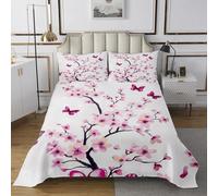 Homewish Couvre-Lit 240x220 Sakura Dessus de Lit Printemps Élégant Fleur Papillon Couverture de Lit Femme,Fille Style Japonais Couette Plante Pollen Violet