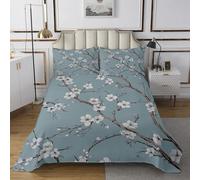 Homewish Couvre-Lit 260x240 Fleurs de Cerisier Dessus de Lit Chinoisestyle Chic Couverture de Lit Branches Élégantes de Fleurs Couette,Fleurs de Jardin de Printemps Prune Gris Bleu