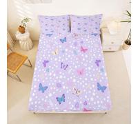 Homewish Drap Housse 135x200 Enfant Papillon Filles Drap-Housse Papillon Floral Coloré Drap de Lit Fleurs Botaniques Mignonnes Housse de Matelas Style Princesse Fée Violet