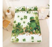 Homewish Drap Housse 135x200 Enfant Saint-Patrick Drap-Housse Quatre Feuilles Drap de Lit Chat Haut-de-Forme Vert Aquarelle Housse de Matelas Pièces d'or Bocal Trésor Imprimé