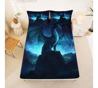 Homewish Drap Housse 150x200 Enfant Dragon Drap-Housse Ciel Étoilé Drap de Lit Animaux Écailles de Dragon Étoiles de Montagne Housse de Matelas Faune Magique Bleu avec 2 Taies d'oreiller 51x75cm