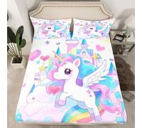 Homewish Drap Housse 150x200 Enfant Fille Licorne Arc-en-Ciel, Drap-Housse Motif de Cœur d'amour Mignonne, Drap de Lit Princesse du Château, Housse de Matelas Étoilée Colorée