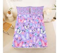 Homewish Drap Housse 150x200 Enfant Papillon Violet Gris Drap-Housse Papillon Floral Rose Bleu Drap de Lit Violet Romantique Housse de Matelas Style Princesse Doux avec 2 Taies d'oreiller 51x75cm