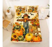 Homewish Drap Housse 160 x 200 2 Personnes Épouvantail Automne | Drap de Lit Bonnet 30 cm Récolte Potiron Housse de Matelas Halloween Dessin Animé Chauve-Souris -