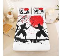 Homewish Drap Housse 90x190 Enfant Japonais Drap-Housse Samouraï Anime Drap de Lit Floral Fleur de Cerisier Housse de Matelas Art Martial avec 1 Taie d'oreiller 51x75cm