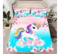Homewish Drap Housse 90x190 Licorne, Drap de Lit Enfant Fille Cheval de Rêve Animal de Dessin Animé, Drap-Housse Fleur de Cerisier Japonais, Housse de Matelas Bleu Dégradé Rose, 2 Pièces