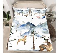 Homewish Drap Housse Cerf 90x190 cm pour 1 Personne - Parure de Lit Animal Sauvage - Drap de Lit Nature Montagne - Housse de Matelas Peinture À L'Encre Aquarelle avec 1 Taie d'oreiller