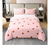 Homewish Filles Housse de Couette 200x200 Fraise en Coton, Parure de Lit Kawaii Fraise pour Enfants, Ensemble de Literie Style Japonais Rose, Couvre Lit Thème du Dessin Animé de Fruits
