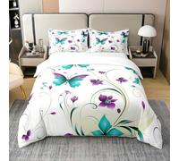 Homewish Flying Butterflies Housse de Couette Coton Imprimé Végétal Parure de Lit 220x240 Lilas Bleu Vert Papillon Literie Set Ferme Wildlife Couvre Lit