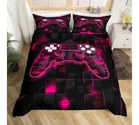 Homewish Game Housse de Couette Fille 140x200 cm avec 1 Taie d'oreiller, Parure de Lit Enfant Garcon Gaming Sets de Housses de Couettes Gamer Néon Couvre Lit Carré Géométrique, Rose Antique