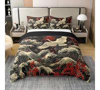 Homewish Grue Coton Housse de Couette 200x200,Sakura de Style Ukiyoe Japonais Parure de Lit,Coucher de Soleil Vague Océan Literie Set,Pétales Noir Rouge Blanc Couvre Lit