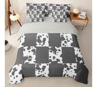 Homewish Housse de Couette 140x200 7 Pièces Imprimé Vache | Parure de Lit Gris Grilles Patchwork Drap Housse Peau de Vache Ferme Drap Plat, 2 Taies d'oreiller, 2 Housses de Coussin