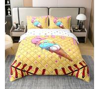 Homewish Housse de Couette 140x200 Coton Baseball Parure de Lit Enfant Baseball Glace Sets de Housses de Couettes Bonbon Crème Rose Couvre Lit Dessert Coloré