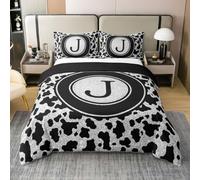 Homewish Housse de Couette 140x200 Coton Léopard Parure de Lit Enfant Lettre Initiale Circulaire J Sets de Housses de Couettes Monogramme Guépard Noir Argenté Couvre Lit Esthétique Mode Personnalisée