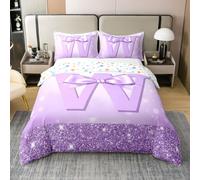 Homewish Housse de Couette 140x200 Coton Lettre W Monogrammée Parure de Lit Enfant Nœud Papillon Pailleté Violet Lavande Sets de Housses de Couettes Nœud Coquet Preppy Initiale Personnalisée