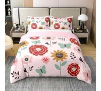 Homewish Housse de Couette 140x200 Enfant Coton Fleur Papillon Rose Parure de Lit Papillon Coloré Sets de Housses de Couettes Floral Boho Rose Couvre Lit Fleurs Cottage Core