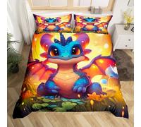Homewish Housse de Couette 140x200 Enfant Dragon avec 1 Taie d'oreiller, Parure de Lit Dragon Antique pour Garçon Fille, Sets de Housses de Couettes Fleur Rouge, Couvre Lit Animaux de La Jungle