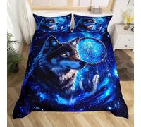 Homewish Housse de Couette 140x200 Enfant Loup Cool Parure de Lit Enfant Attrape-Rêves Bohème Sets de Housses de Couettes 3D d'animaux Sauvage Couvre Lit Galaxie Mystérieuse