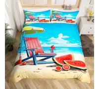 Homewish Housse de Couette 140x200 Joyeuses Vacances D'Été, Parure de Lit Plage de Hawaï, Sets de Housses de Couettes Jus de Pastèque, Couvre Lit Bleu Ciel Océan Mer, avec 1 Taie d'oreiller
