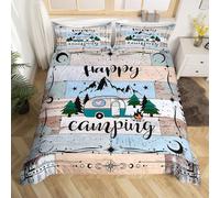 Homewish Housse de Couette 200x200 cm avec 2 Taies d'oreiller, Décoration de Camping pour Campeur, Parure de Lit Happy Camping pour Garçons Filles, Couvre Lit Planche Cottage Marron Bleu