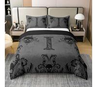 Homewish Housse de Couette 200x200 Coton Crâne de Sucre Gothique Parure de Lit Enfant Lettre Initiale I Damas Noir Sets de Housses de Couettes Alphabet Floral Vintage Couvre Lit Gothique Monogrammé
