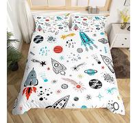 Homewish Housse de Couette 200x200 de l'espace pour Garçons Enfants, Ensemble de Literie Galaxie pour Filles, Parure de Lit Thème de l'univers, Housse Couette Mignon Dessin de Fusée, 3 Pièces