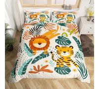 Homewish Housse de Couette 200x200 Enfant Animaux de La Jungle, Parure de Lit 2 Personnes Dessin Animé Tigre Lion, Sets de Housses de Couettes Feuilles de Palmier, Couvre Lit Faune Mignonne