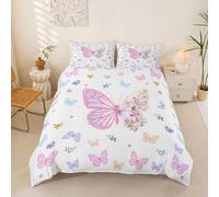 Homewish Housse de Couette 200x200 Enfant Papillon Rose Parure de Lit Papillon Coloré Mignon Sets de Housses de Couettes Papillons Kawaii Couvre Lit Floral Esthétique