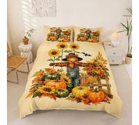 Homewish Housse de Couette 220x240 2 Personnes Épouvantail Automne | Parure de Lit Enfant Récolte Potiron Sets de Housses de Couettes Halloween Dessin Animé Chauve-Souris Couvre Lit