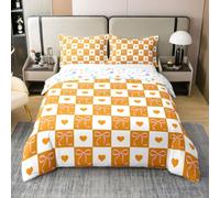 Homewish Housse de Couette 220x240 Coton Blanc Orange À Voiturereaux | Parure de Lit Enfant Coquette Grille Damier Sets de Housses de Couettes Féminin Cœur Nœud Couvre Lit