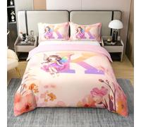 Homewish Housse de Couette 220x240 Coton Fée Florale Rose Parure de Lit Enfant Lettre Initiale K Personnalisée Sets de Housses de Couettes Fées Coquettes Girly Couvre Lit Fleur de Cottage